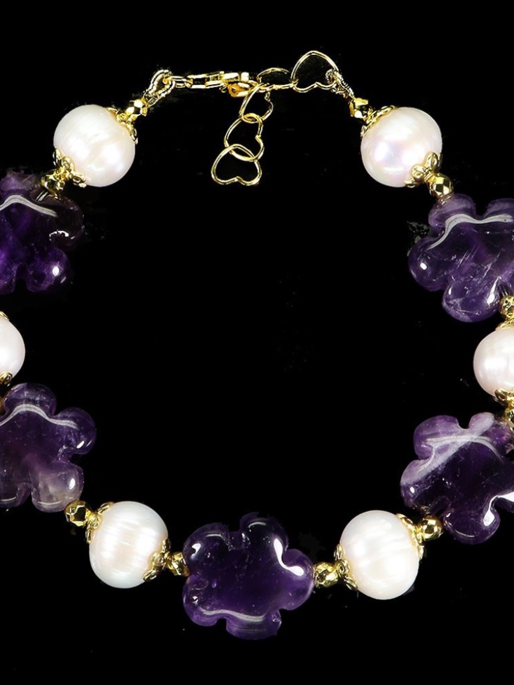 925 Sterling Silver Bracelet Flower Amethyst 15mm Pearl Gemstone Jewelry 6.5in